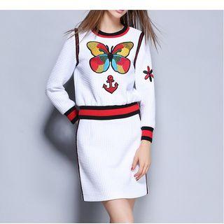 Set: Butterfly Embroidered Pullover + Mini Skirt