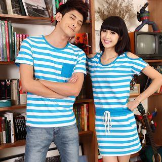 Set: Short-sleeve Striped Polo Shirt / Cold Shoulder Dress