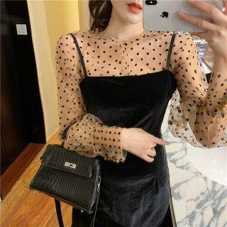 Spaghetti-strap Velvet Dress Black - One Size