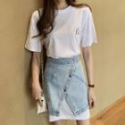 Set: Lettering Short-sleeve T-shirt Dress + Irregular Hem High-waist Denim Skirt