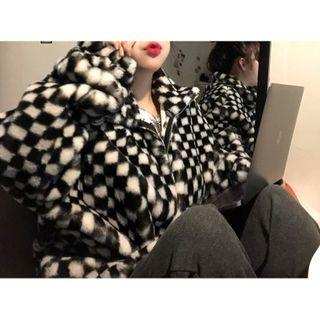 Plaid Zip-up Fluffy Jacket Plaid - Black & White - One Size
