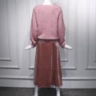 Cut-out Sweater / Velvet Midi A-line Skirt