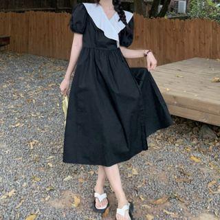Puff-sleeve Color Block Midi Dress