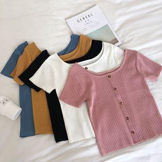 Plain Single-breasted Slim-fit Short-sleeve Knit Top