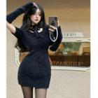 Set: Plain Slim-fit Knit Dress + Arm Sleeves