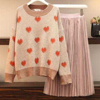 Set: Heart Print Sweater + Mesh Overlay A-line Midi Skirt