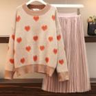Set: Heart Print Sweater + Mesh Overlay A-line Midi Skirt
