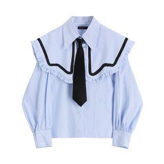 Puff-sleeve Ruffle Trim Striped Shirt