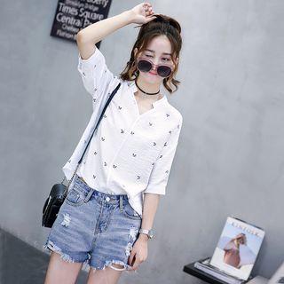 Printed Elbow Sleeve Split Neck Blouse