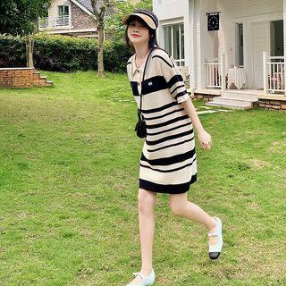 Color Block Striped Polo Collar Dress