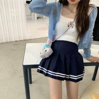 Cropped Cardigan / Bear Embroidered Knit Camisole Top / Pleated Mini A-line Skirt
