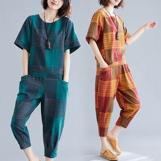 Set : Plaid Round-neck Short-sleeve T Shirt + Cropped Harem Pants
