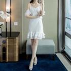 Ruffle Trim Cold Shoulder Spaghetti Strap Mini A-line Dress