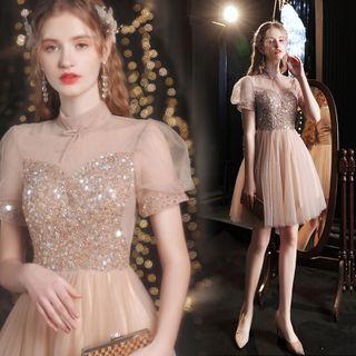 Short-sleeve Embellished A-line Cocktail Dress