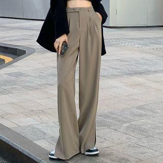 High-waist Plain Side Slit Hem Dress Pants