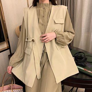 Sleeveless Plain Vest / Long-sleeve Tie-waist Ruffled Dress