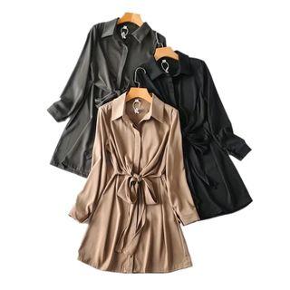 Long-sleeve Mini A-line Satin Shirt Dress