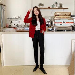 Crewneck Wool Blend Cherry Pattern Cardigan