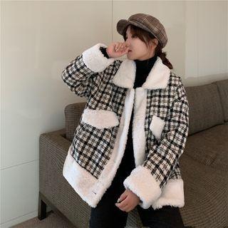 Fleece Panel Plaid Single-breasted Jacket Plaid - Black & White - One Size