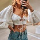 Puff-sleeve Lace-up Crop Blouse