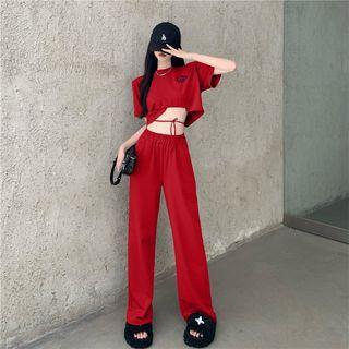 Set: Short-sleeve Letter Embroidered Crop T-shirt + Plain Sweatpants