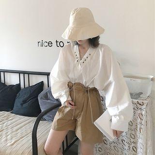 Long-sleeve Lace-up Top / Wide Leg Shorts