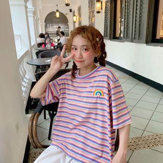 Striped Rainbow Embroidered Elbow-sleeve T-shirt