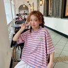 Striped Rainbow Embroidered Elbow-sleeve T-shirt