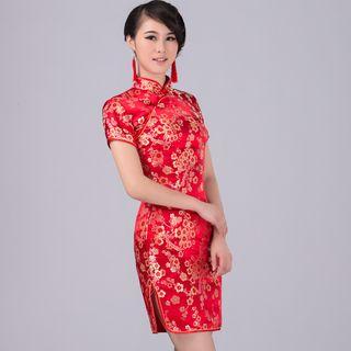 Flower Embroidered Short Sleeve Mini Qipao