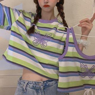Butterfly Embroidered Striped Short-sleeve Cropped T-shirt / Cropped Tank Top