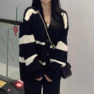 Striped Cardigan / T-shirt / Straight Leg Pants / Set