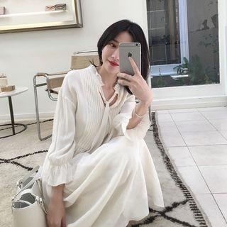 Set: Frill-trim Long-sleeve Tie-neck Midi A-line Dress + Slipdress