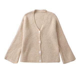 Plain V-neck Knit Cardigan Almond - One Size
