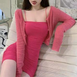 Cropped Cardigan / Spaghetti Strap Mini Sheath Dress / Set