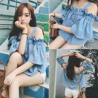 Off-shoulder Denim Elbow-sleeve Top