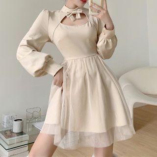 Long-sleeve Bow-accent Mock-neck Mesh Overlay A-line Dress