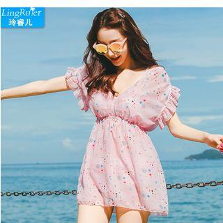 Set: Printed Short-sleeve Dress + Bikini