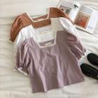 Plain Square-neck Lace-trim Puff-sleeve Blouse