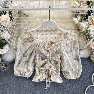 Embroidered Flower Puff-sleeve Drawstring Chiffon Top