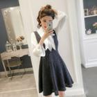Set: Bow Accent 3/4-sleeve Blouse + V-neck A-line Pinafore Dress