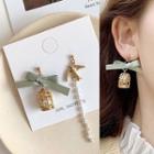 Bow Faux Caged Pearl Dangle Earring 1 Pair - Green & Gold - One Size