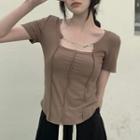 Short-sleeve Square-neck Asymmetrical Cropped T-shirt