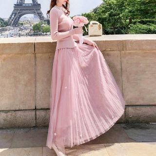 Set: Sleeveless Lace Top + Long-sleeve Knit Top + Maxi A-line Mesh Skirt