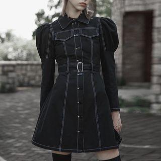 Long-sleeve Puff-shoulder Button-up Mini A-line Dress
