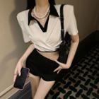 Lapel Padded Shoulder Tie-strap Short-sleeve Shirt