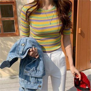 Elbow-sleeve Striped Cropped Top