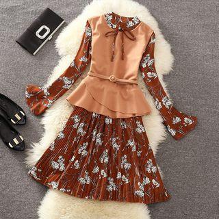 Long-sleeve Floral A-line Dress / Knit Vest / Set