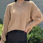 Plain V Neck Long Sleeve Cable-knit Top