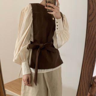 Set: Long-sleeve Shirt + Knit Vest Shirt & Vest - One Size