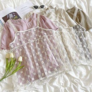 Set: Puff-sleeve Plain Top + Mesh Camisole Top